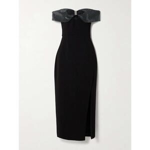 SELF-PORTRAIT Bow and crystal-embellished off-the-shoulder crepe midi dress US2